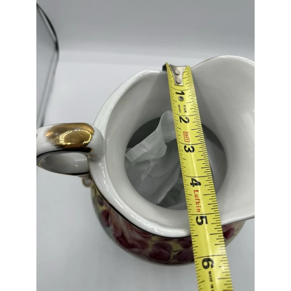 Vintage‎ Hand Painted Porcelain Floral Pitcher Ewer Gold Gilt Pink Roses 8.5